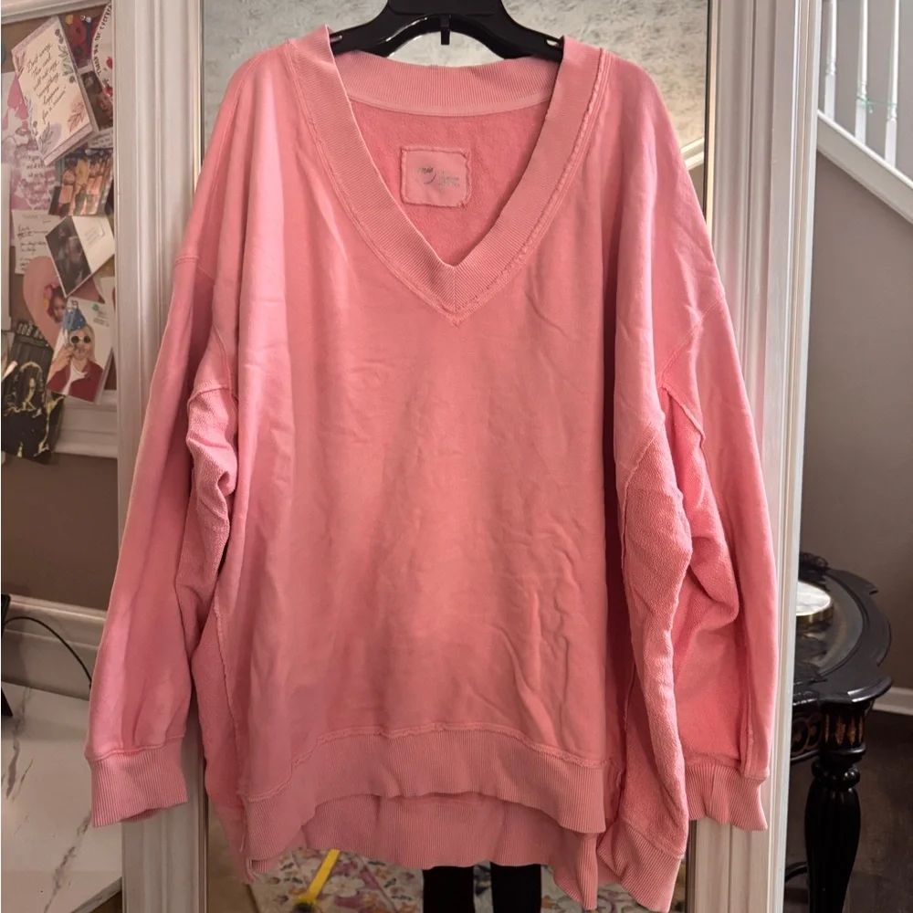 Aerie Off-the-Shoulder Coral/Peach V-Neck Sweater - Picture 2 of 6